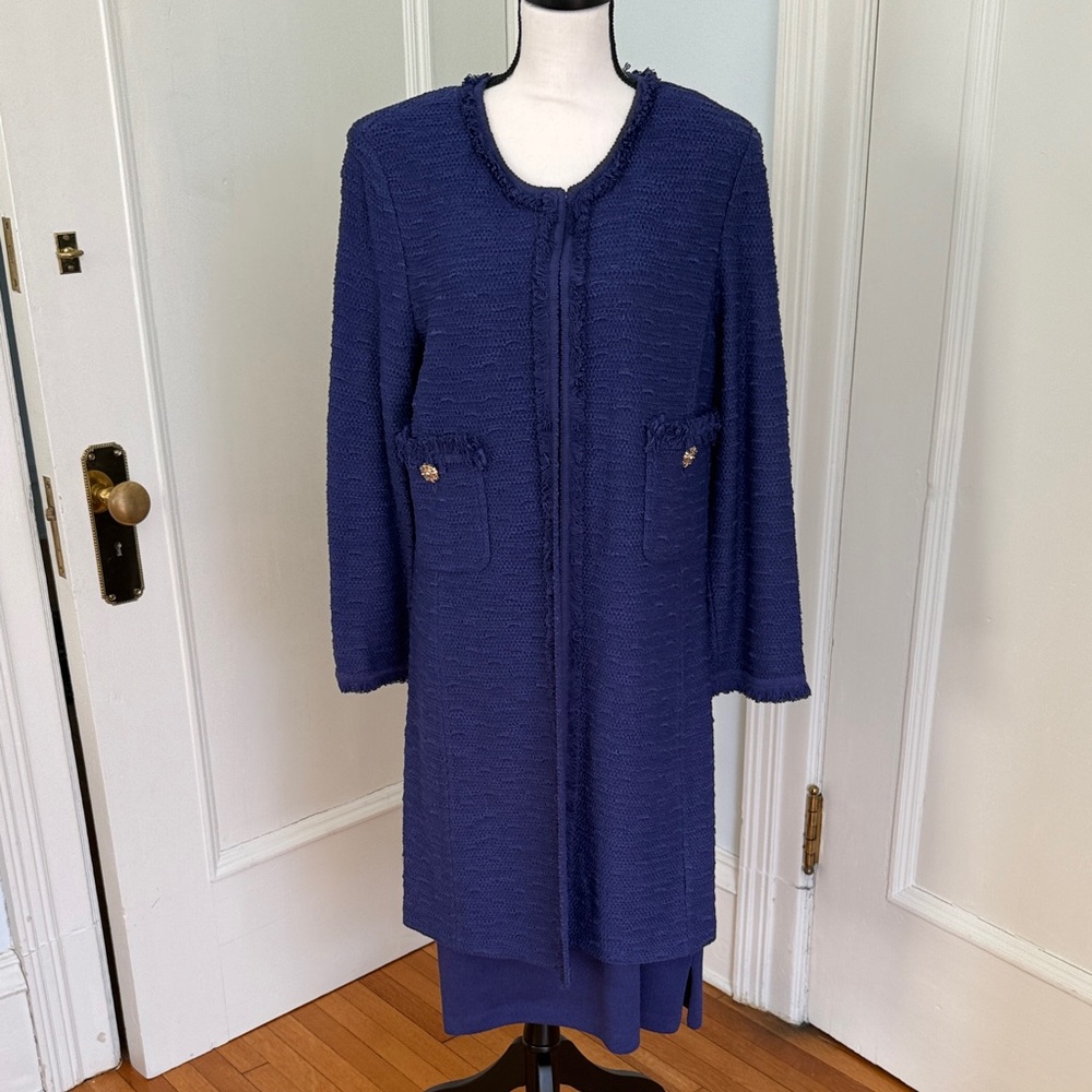 St John’s two piece Navy Blue Long Coat and sheath sleeveless dress